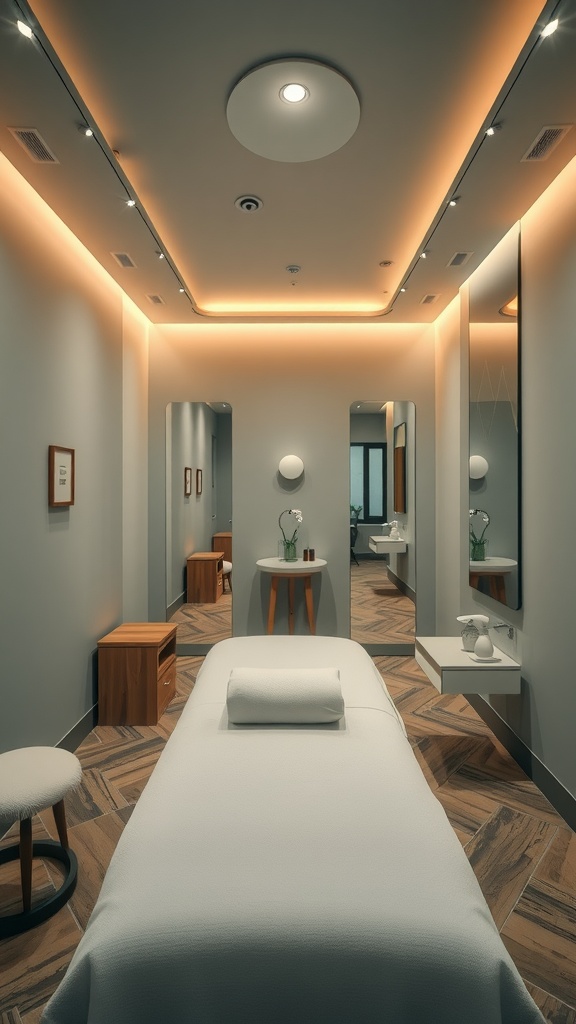 A small massage room featuring mirrors that enhance the sense of space.