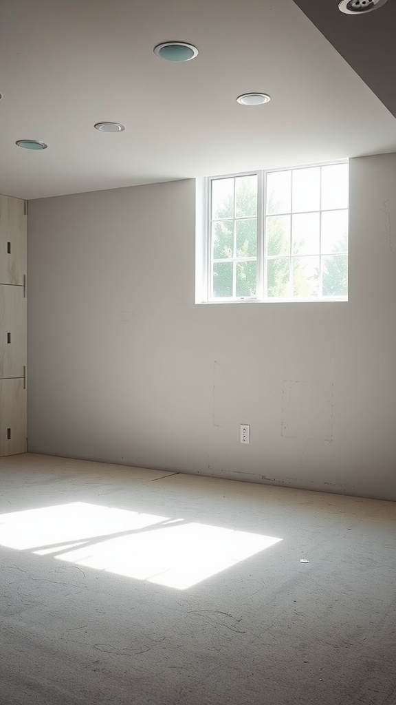 An unfinished basement bedroom with a window allowing natural light to enter.