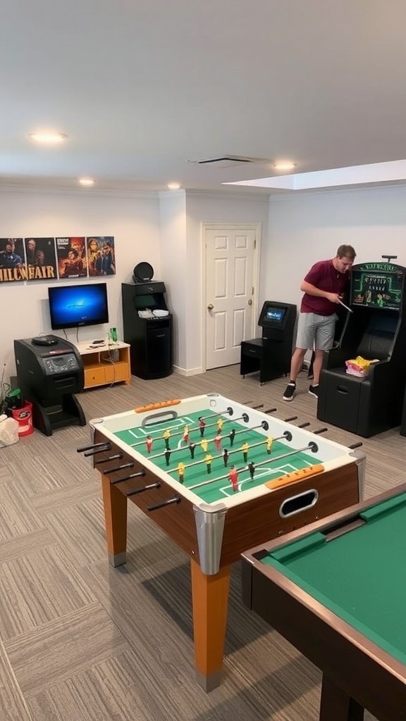 Cozy multi-game room with foosball and pool tables.