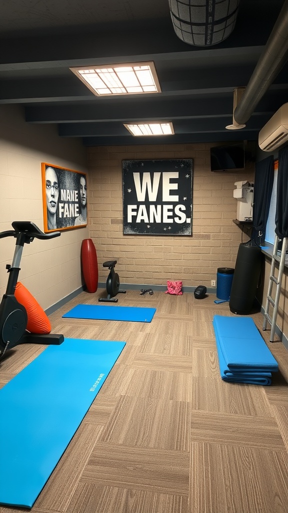 A small basement workout zone featuring blue mats, a stationary bike, weights, and motivational posters.