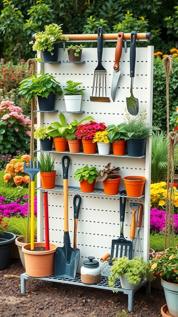 Image of a vertical garden storage rack with potted plants and gardening tools.