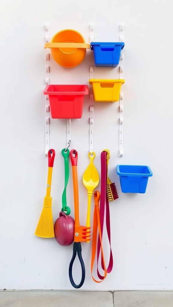 Wall-mounted storage system with colorful bins and hooks for outdoor toys