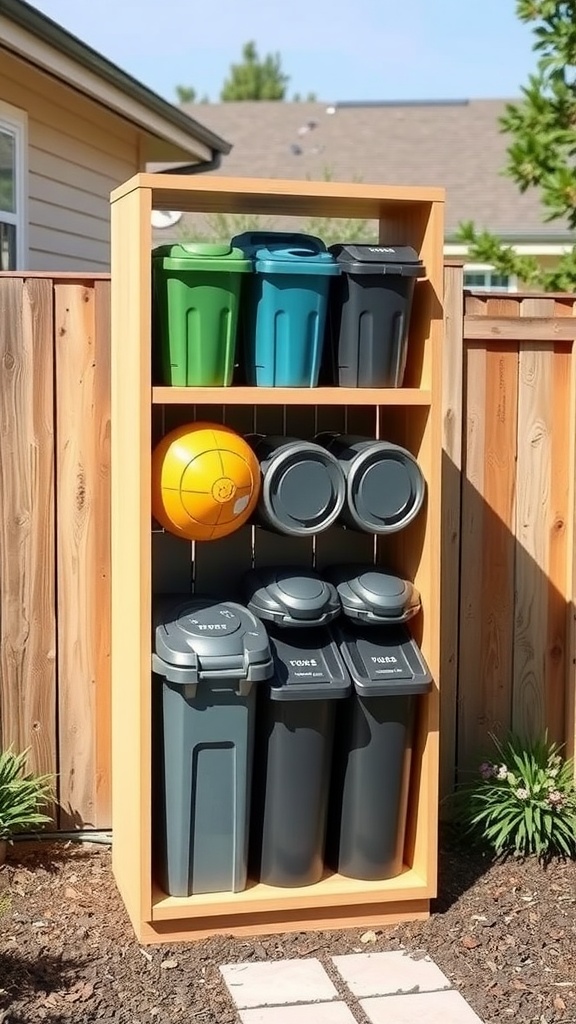 Outdoor vertical storage solution for trash cans