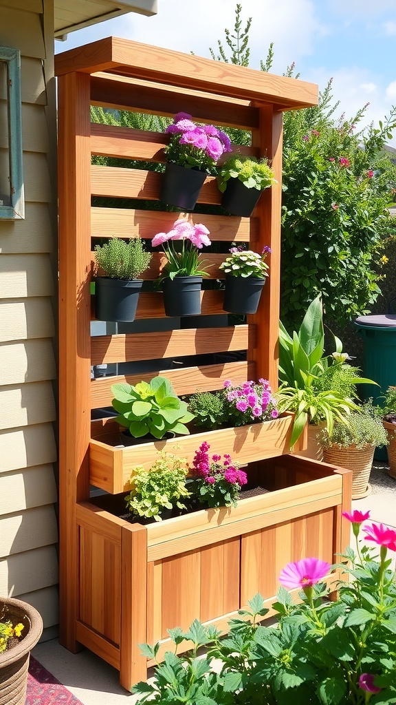 Vertical wood storage with planters, featuring vibrant flowers and greenery.