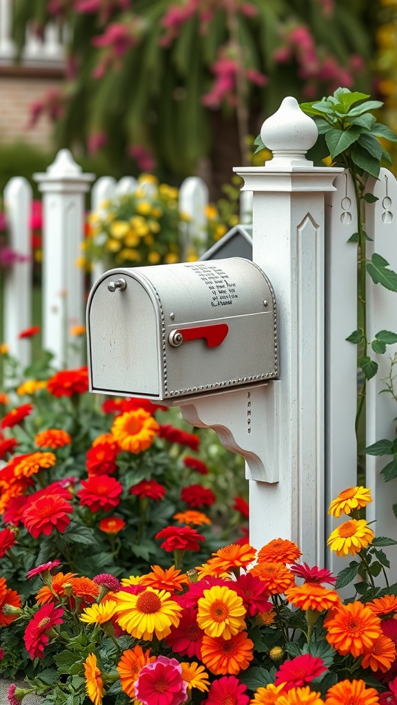 A silver mailbox surrounded by colorful flowers in a flower bed