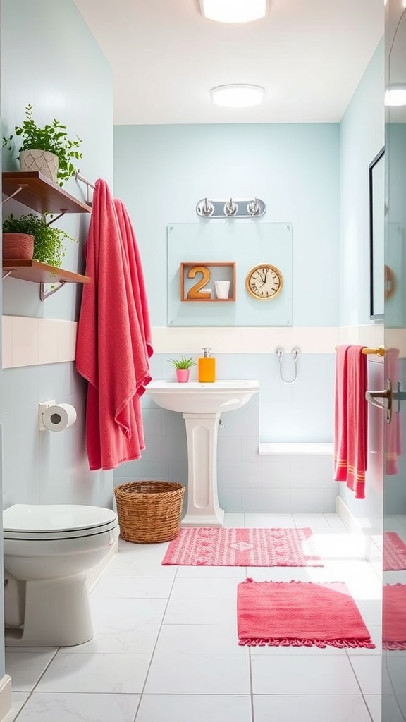 A brightly colored hall bathroom featuring coral towels, decorative plants, and blue walls.