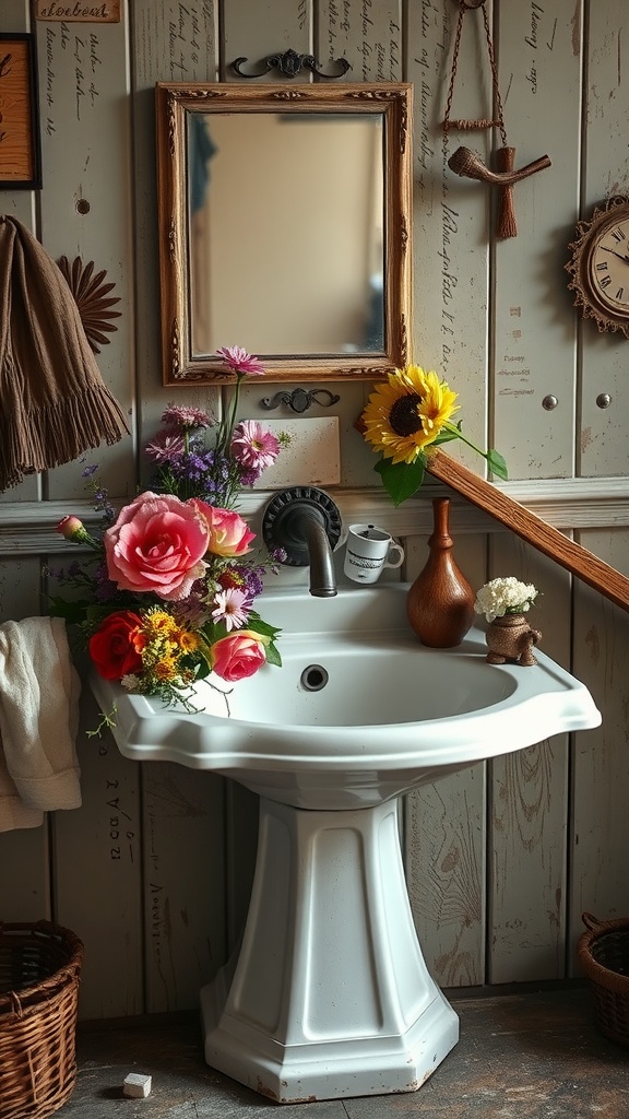 Vintage ceramic sink display with flowers and decorative elements