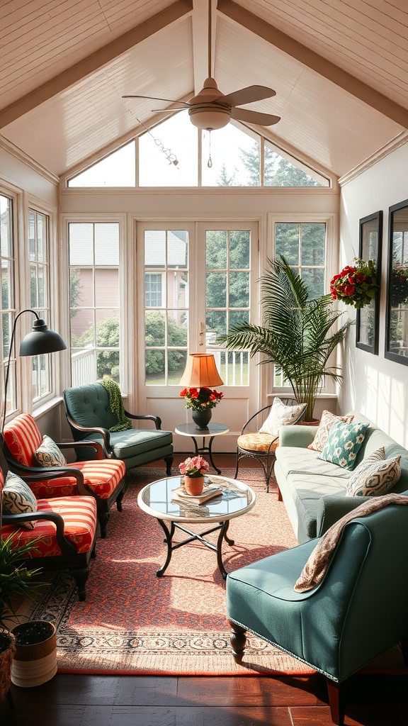 A vintage-inspired sunroom with a cozy seating arrangement, featuring striped armchairs, a patterned sofa, and a glass coffee table, surrounded by greenery.