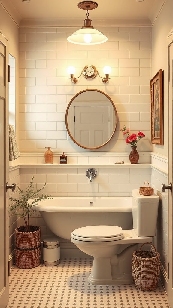A vintage beige bathroom featuring white subway tiles, a round mirror, and rustic decor.