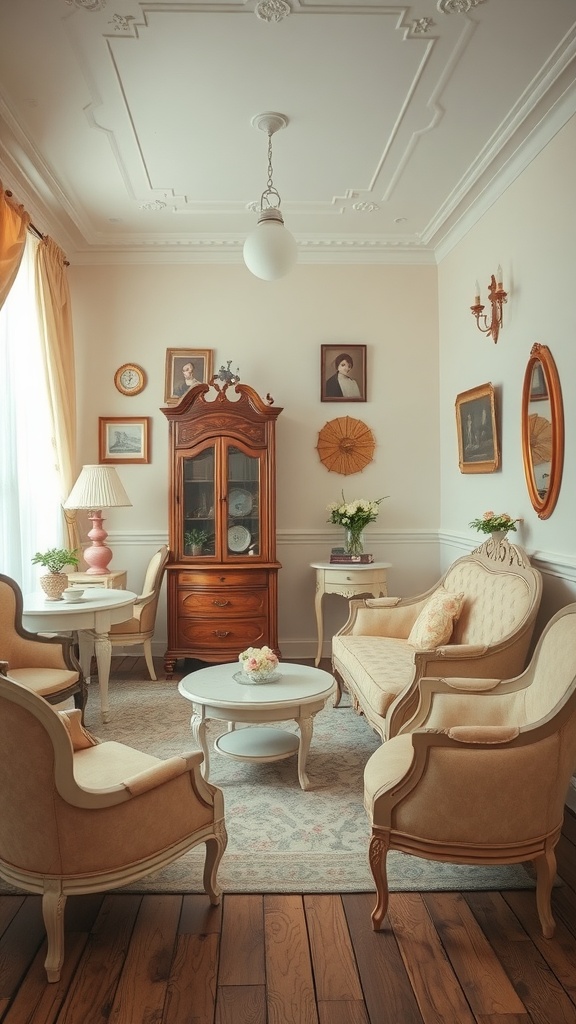 A vintage-inspired facial studio with elegant furniture and warm colors.