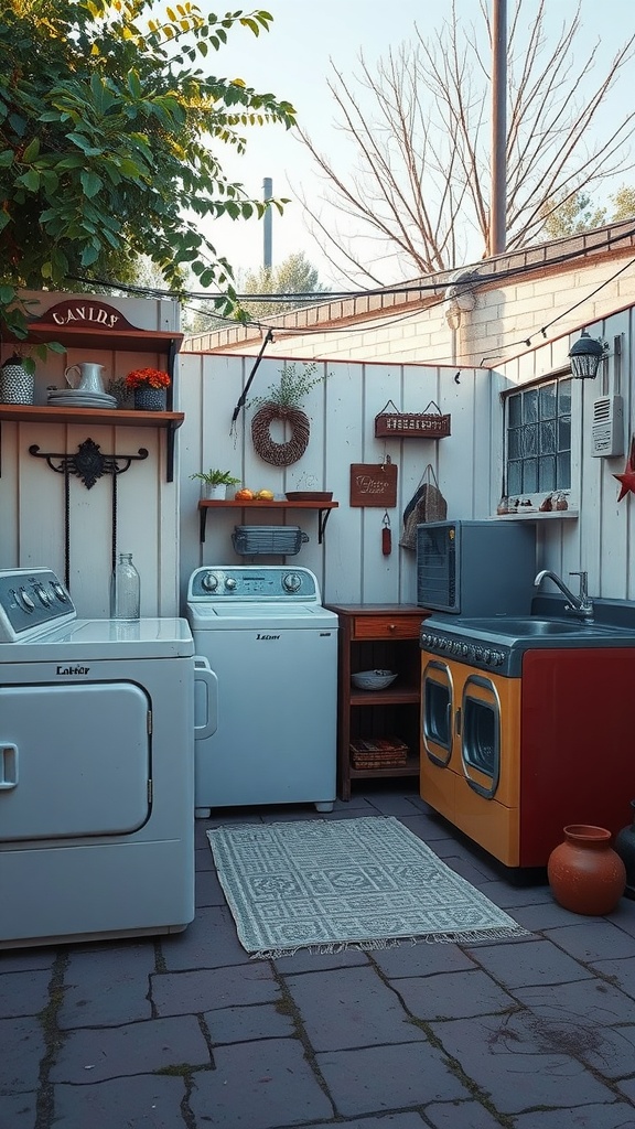 A vintage-inspired outdoor laundry room with white and orange appliances, wooden shelves, and greenery.