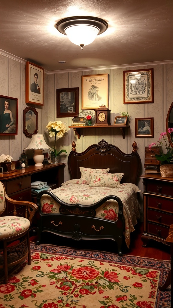 A cozy basement bedroom featuring antique furniture, framed portraits, and a floral quilt on the bed.