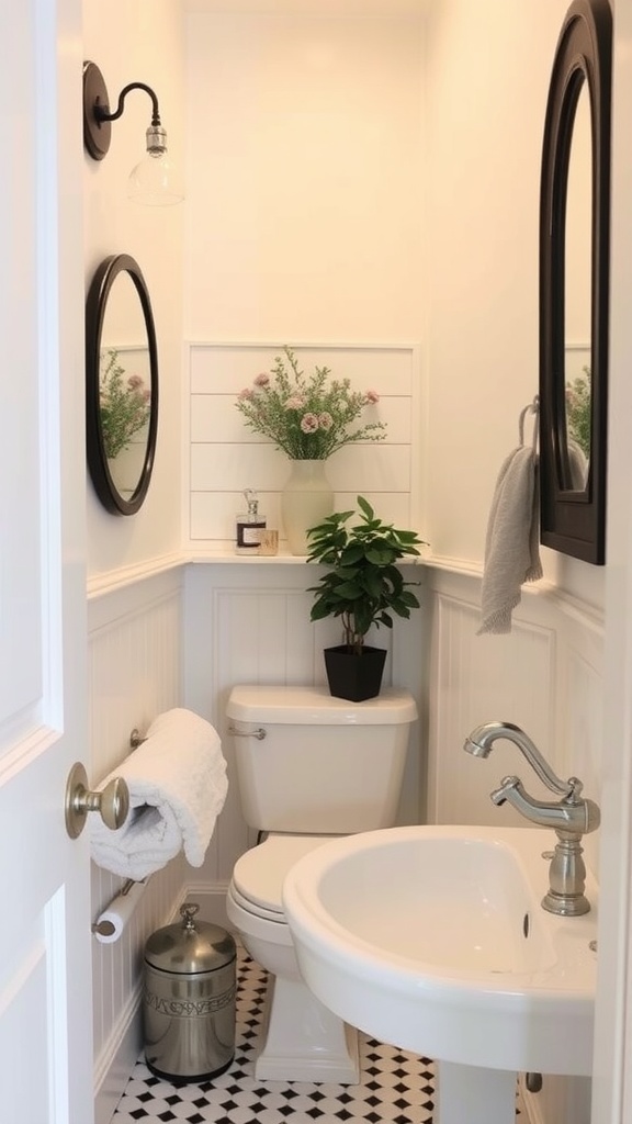 A small bathroom featuring a combination of vintage and modern elements, including shiplap walls, black and white tile flooring, and a plant.