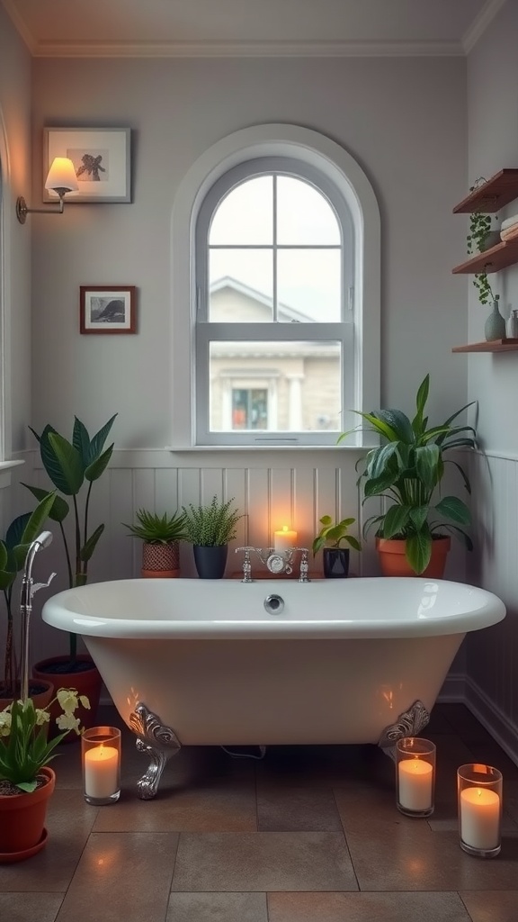 A vintage chic bathtub surrounded by plants and candles in a stylish bathroom.