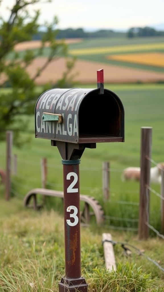 A vintage mailbox post in a countryside setting with fields in the background.