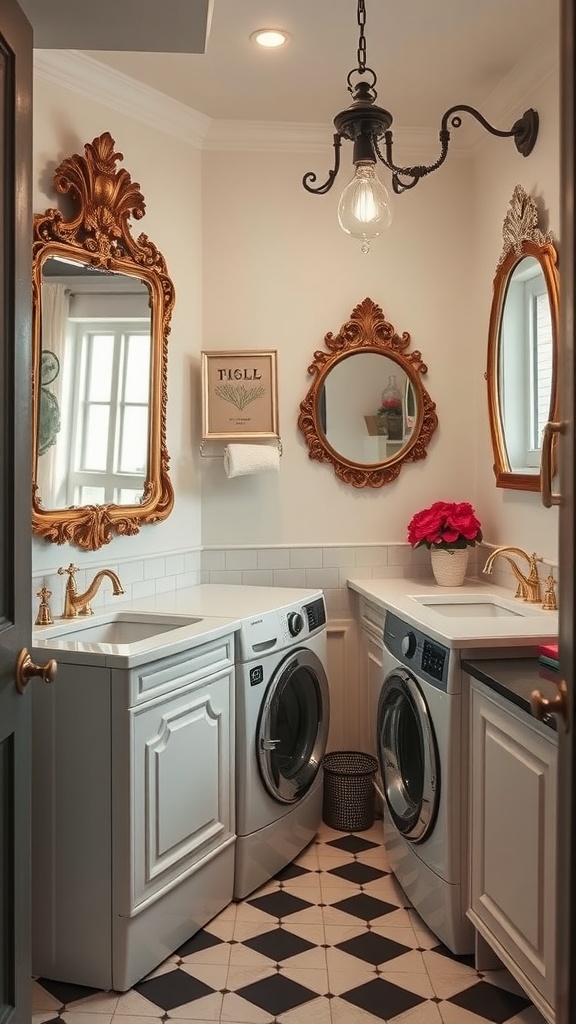 A vintage glam laundry room featuring gold-framed mirrors, black and white checkered flooring, and elegant fixtures.