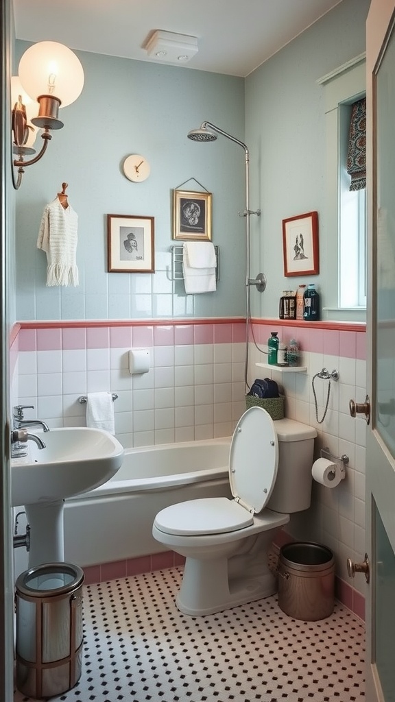 A vintage-inspired bathroom featuring soft blue walls, pink accents, retro fixtures, and framed artwork.