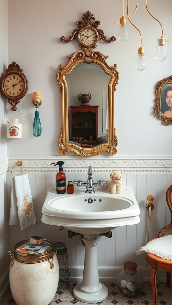 A vintage bathroom featuring a white sink, ornate gold mirror with a clock, and charming decor items.