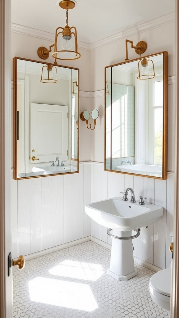 A vintage bathroom with mirrored cabinets and soft lighting.