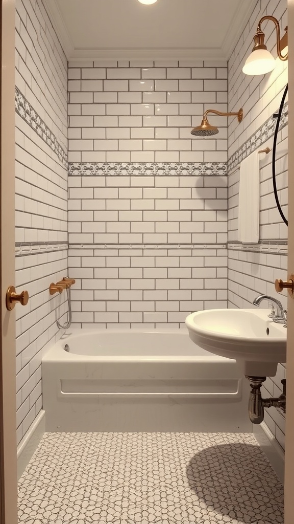 A vintage-style bathroom featuring white subway tiles, decorative accents, and brass fixtures.