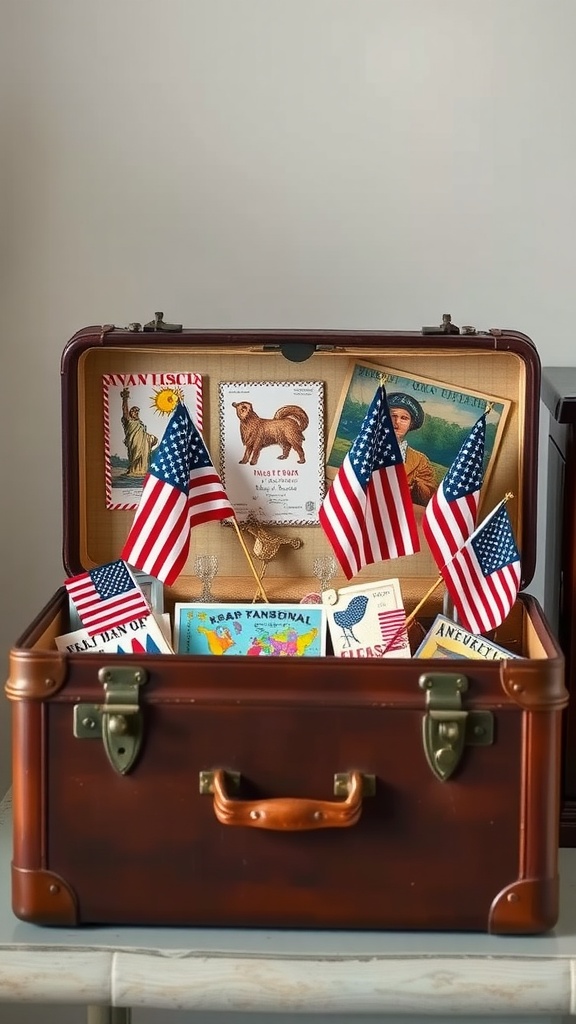 A vintage suitcase decorated with American flags and postcards, showcasing Americana decor