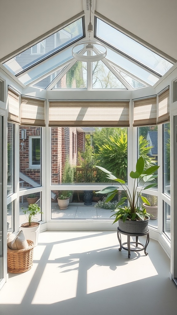 A sunroom featuring vinyl blinds, plants, and natural light streaming through the windows.