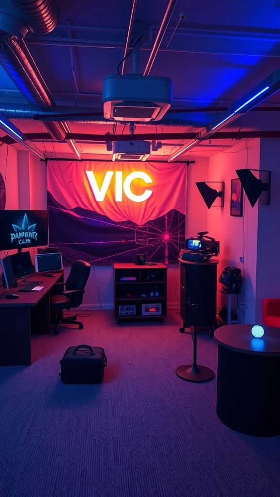 A modern virtual reality gaming space with vibrant lights and gaming equipment.