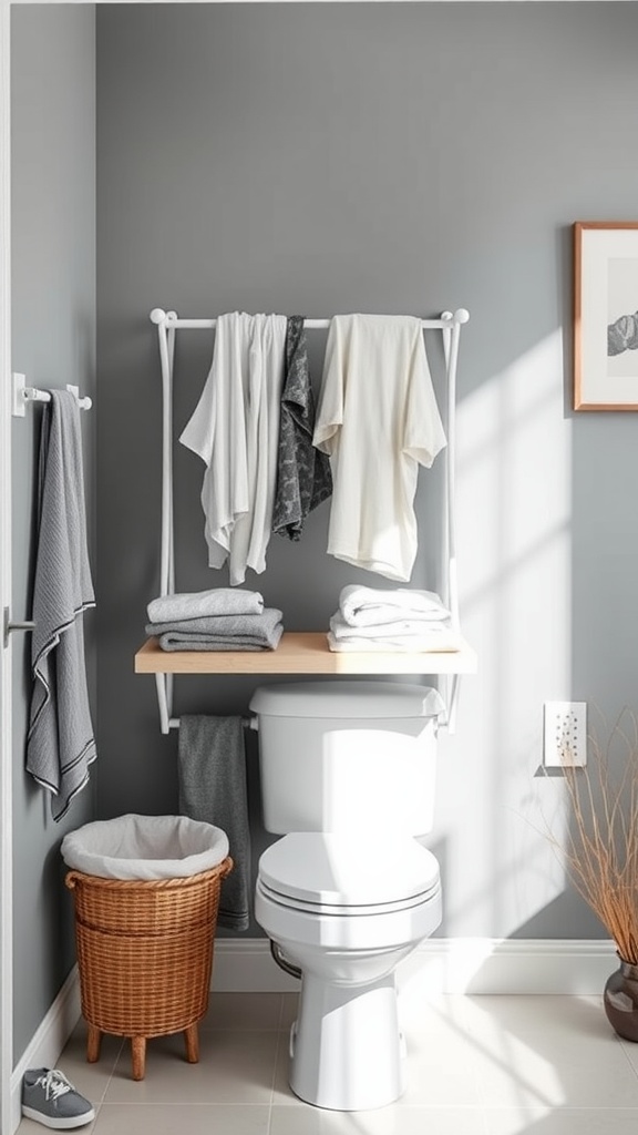 A wall-mounted folding table above a toilet, with neatly arranged towels and a laundry basket