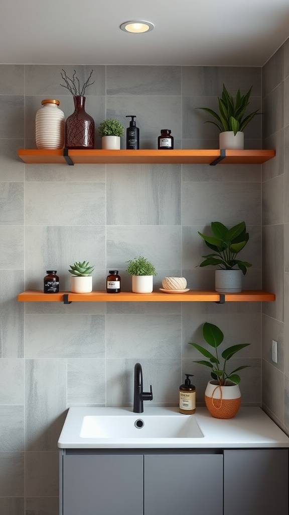 Stylish wall-mounted shelves in a bathroom with decorative items and plants.