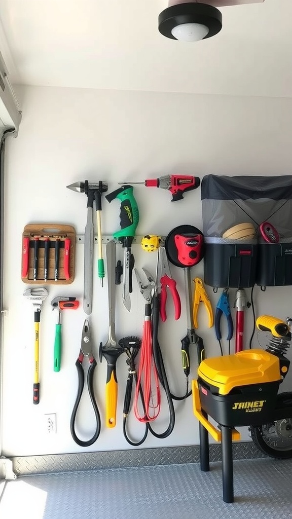 A wall-mounted storage solution displaying various tools organized on hooks.