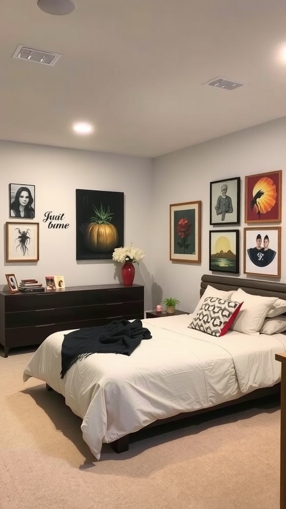 A cozy unfinished basement bedroom with various framed artwork on the walls and a neatly made bed.