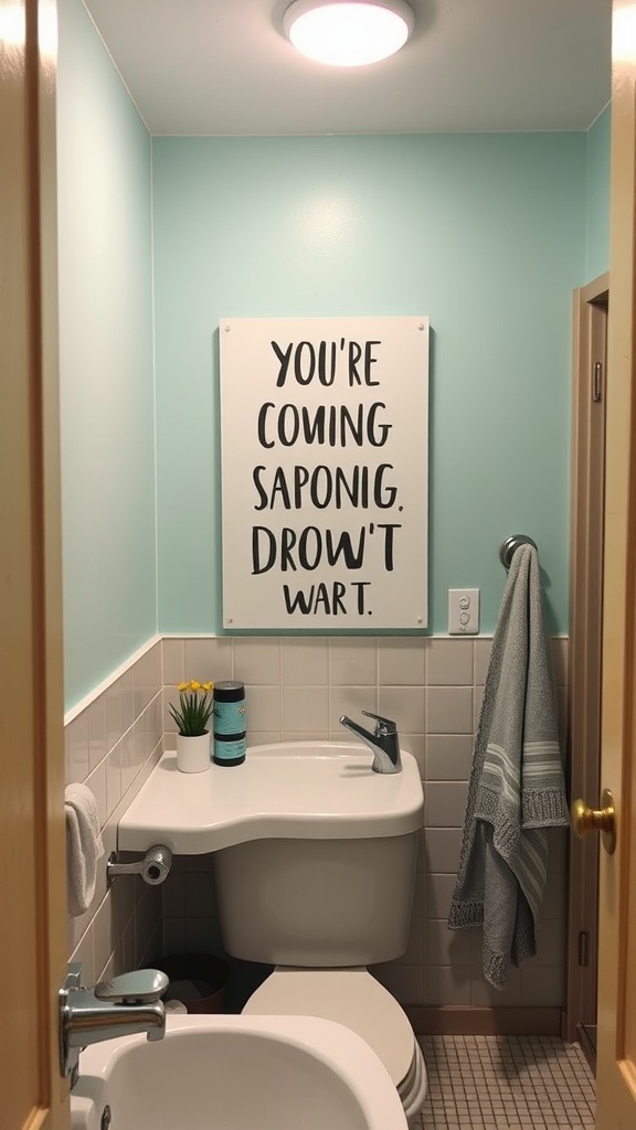 A bright bathroom with turquoise walls, featuring a humorous wall art piece saying 'YOU'RE COMING SAPONIG, DROW'T WART.'