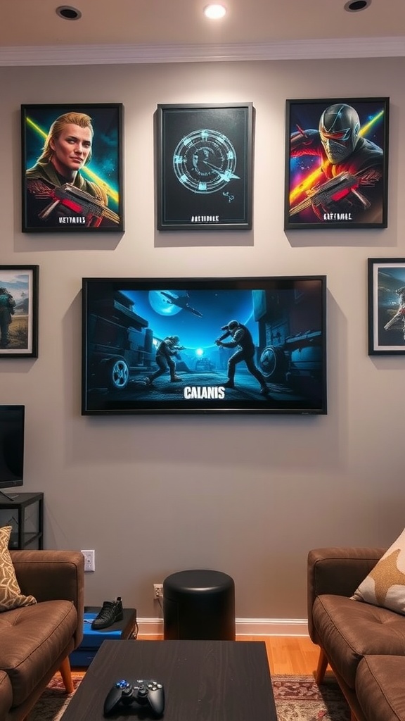 A game room with framed wall art featuring characters from popular games, alongside a TV displaying an action scene.