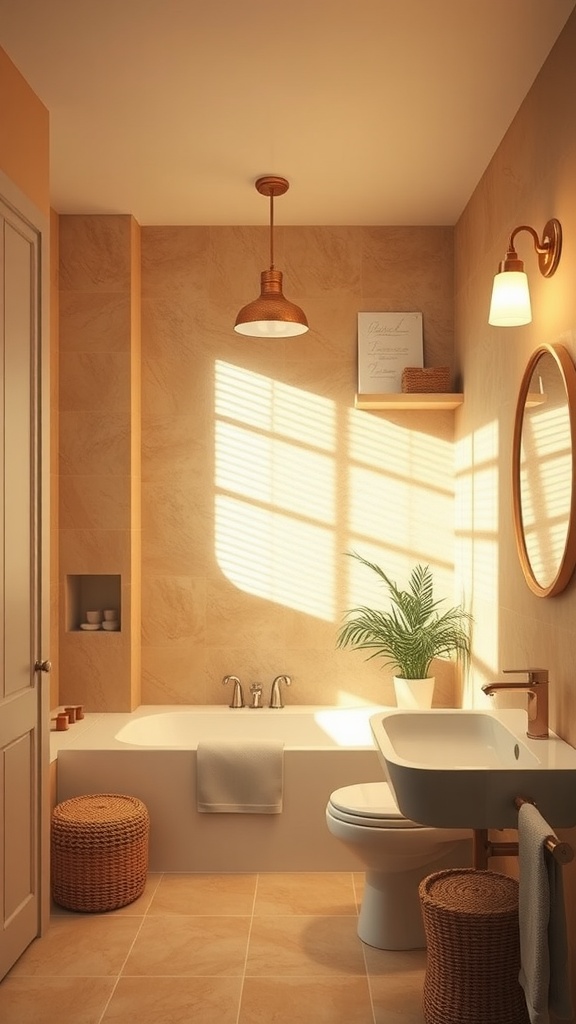 A cozy bathroom featuring warm beige tones, natural light, and stylish decor.
