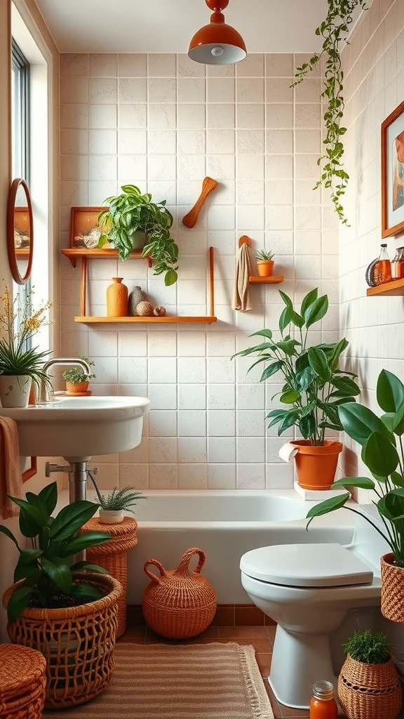 A cozy bathroom featuring warm earthy tones, plants, and decorative shelves.