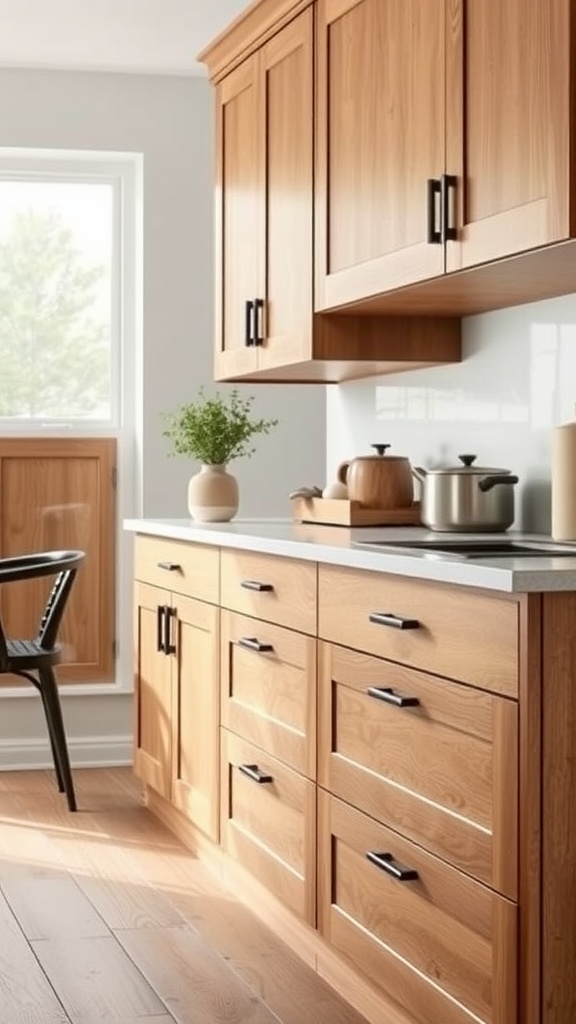 Warm oak kitchen cabinets with black hardware and a small plant on the countertop.
