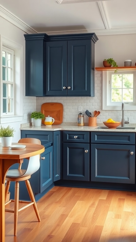 A cozy kitchen featuring navy blue cabinets, wood flooring, and a bright window.