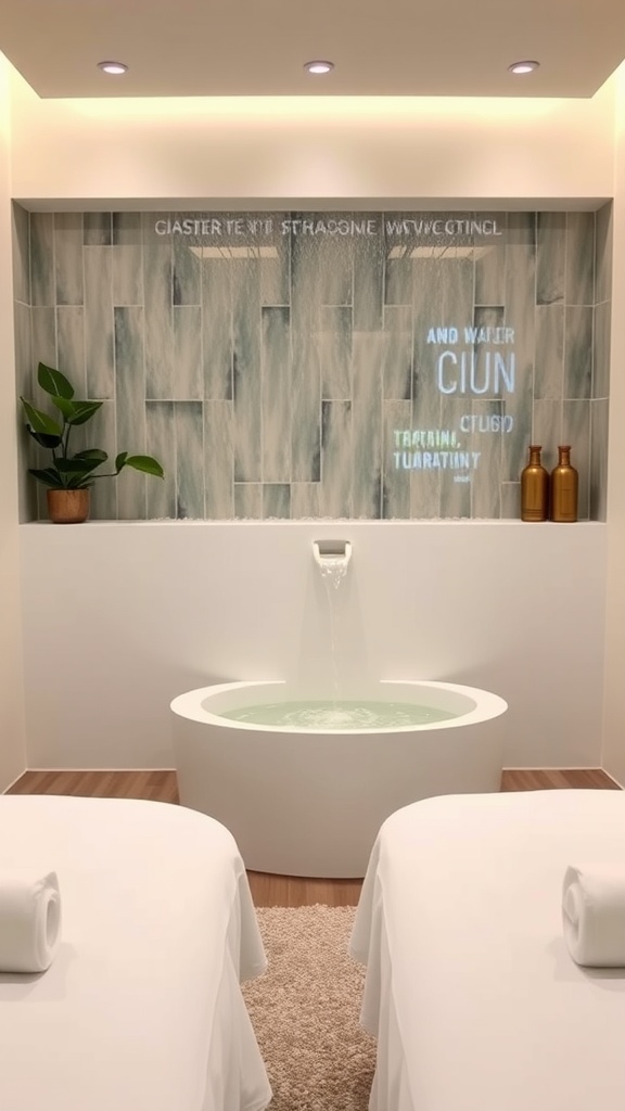 A massage room featuring a calming water feature, with two treatment tables and a soothing atmosphere.