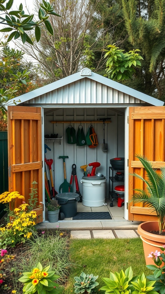 A weather-resistant storage shed with open wooden doors, showing organized gardening tools and flowers in the garden.