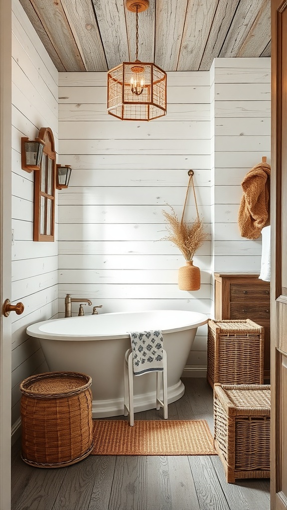 Coastal bathroom with weathered wood accents, featuring a white tub, shiplap walls, and woven baskets.