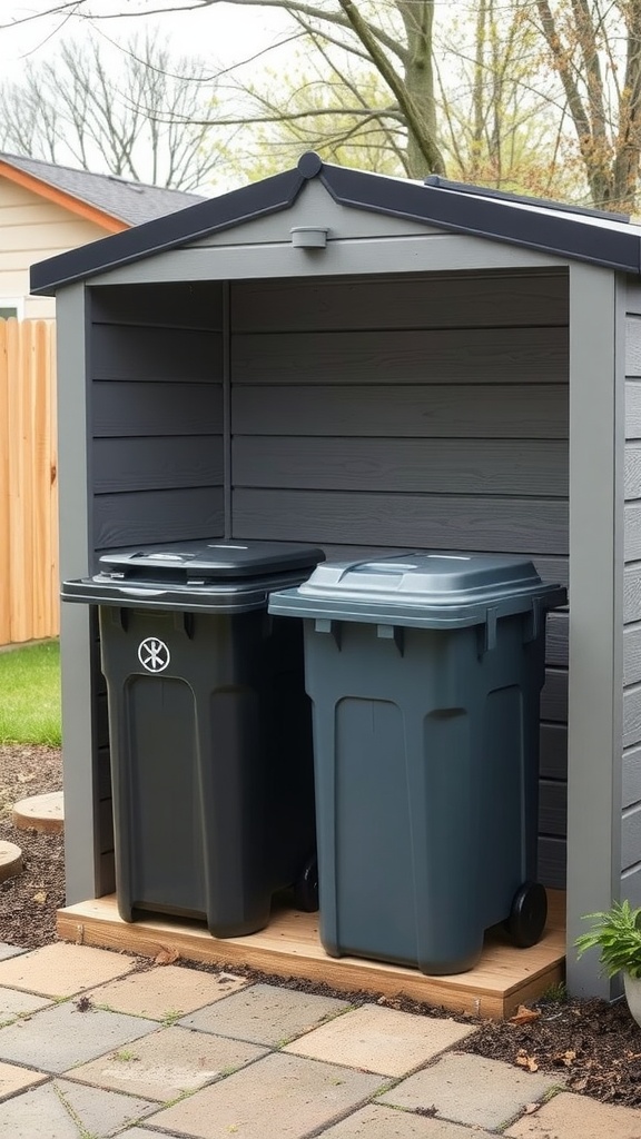 A weatherproof storage shed for two trash cans, designed to protect them from the elements.