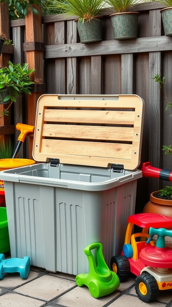 A weatherproof gray storage bin with a wooden lid, surrounded by colorful outdoor toys and plants.