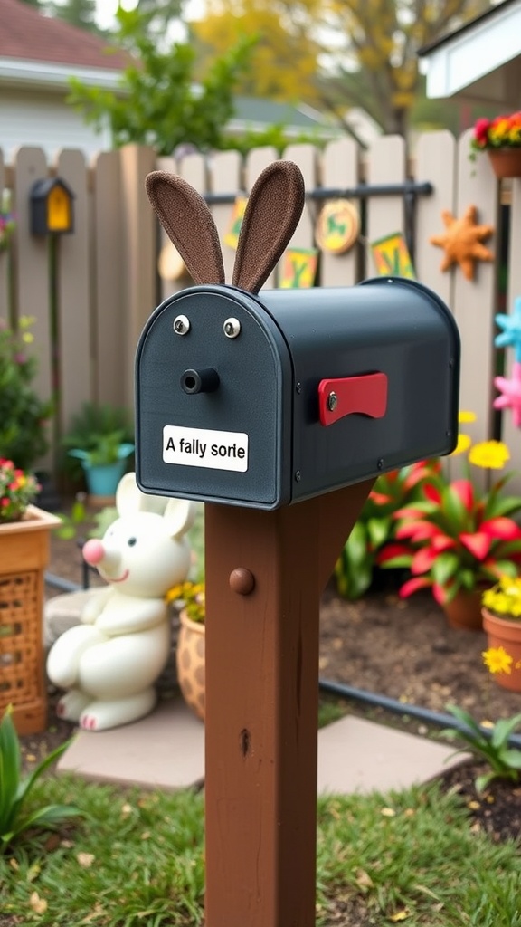 A mailbox designed to look like a bunny with floppy ears and a friendly face.