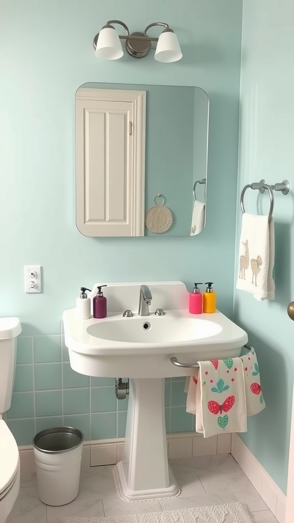 A bright bathroom sink with colorful soap dispensers, patterned towels, and a pastel wall.