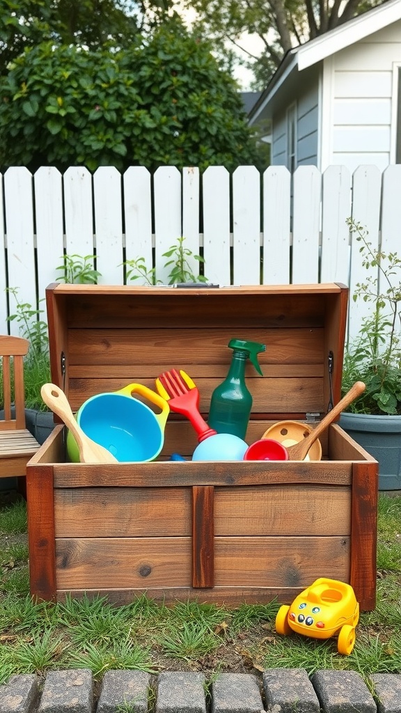 An open wooden toy chest filled with colorful outdoor toys in a backyard setting.
