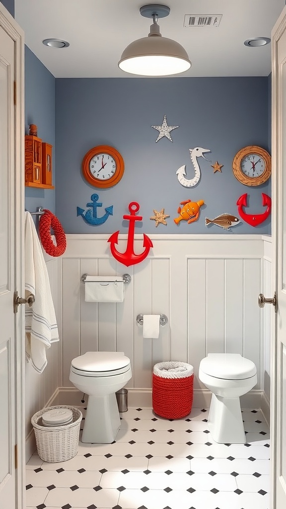 A nautical themed hall bathroom with blue walls, nautical decor, and bright accents.