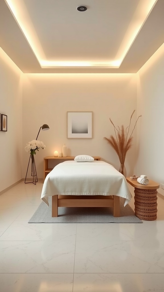 A serene massage room showcasing Zen minimalism with soft lighting, a simple massage table, and natural decor elements.