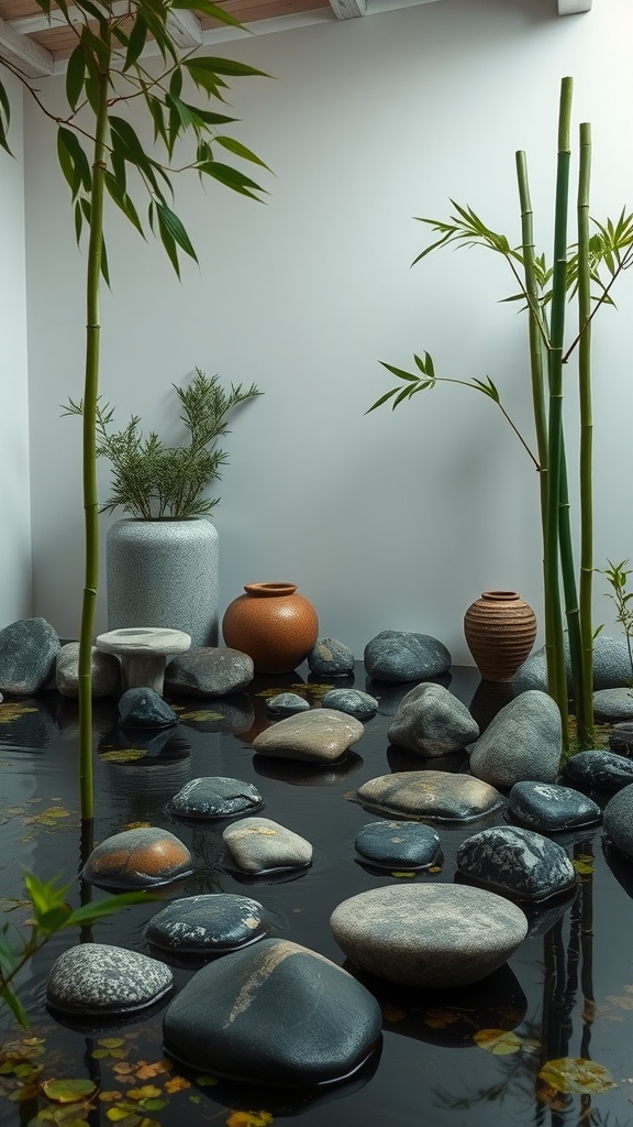 A serene facial room with smooth stones, bamboo plants, and water.
