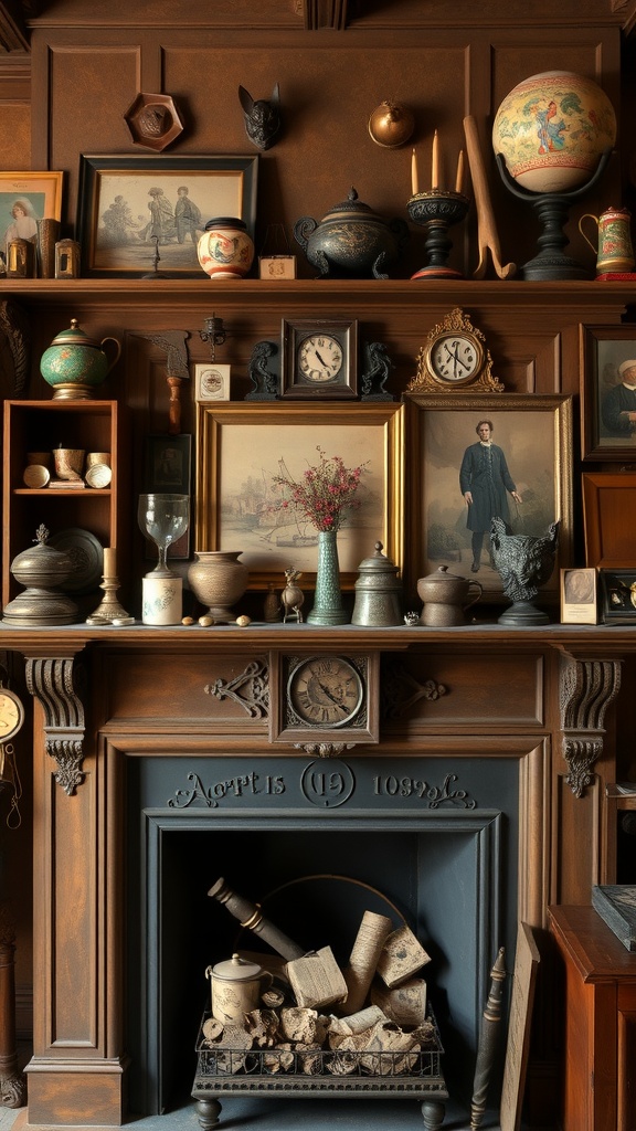 A vintage fireplace mantel decorated with various antique items including clocks, vases, and framed photos.