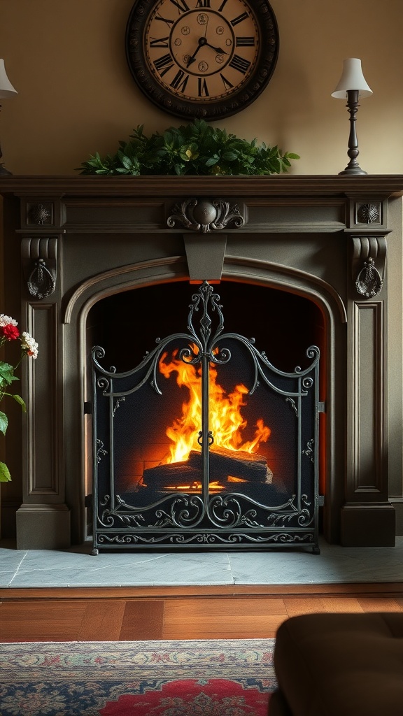 Antique fireplace screen with intricate metalwork framing a warm fire, surrounded by decorative elements.